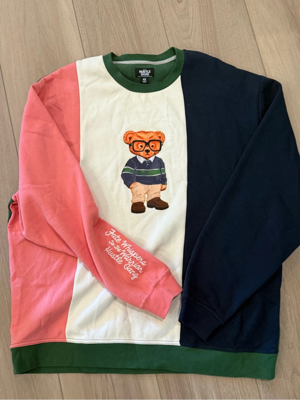 Hustle Gang Colorblock Bear Pullover - Pink White Navy Green